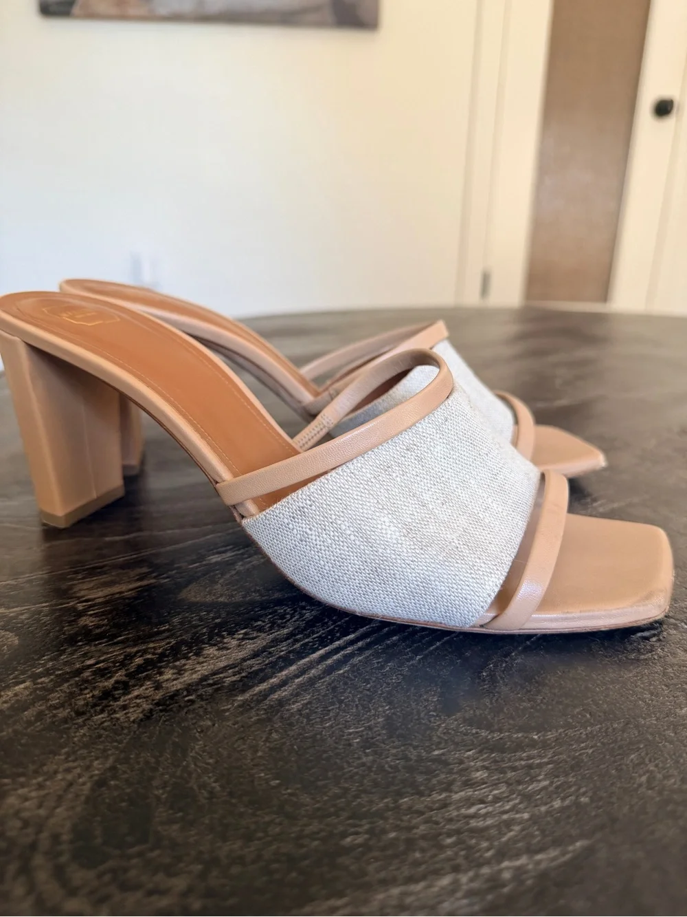 Malone Souliers Demi Linen & Tan Block Heel Mule Slide 42